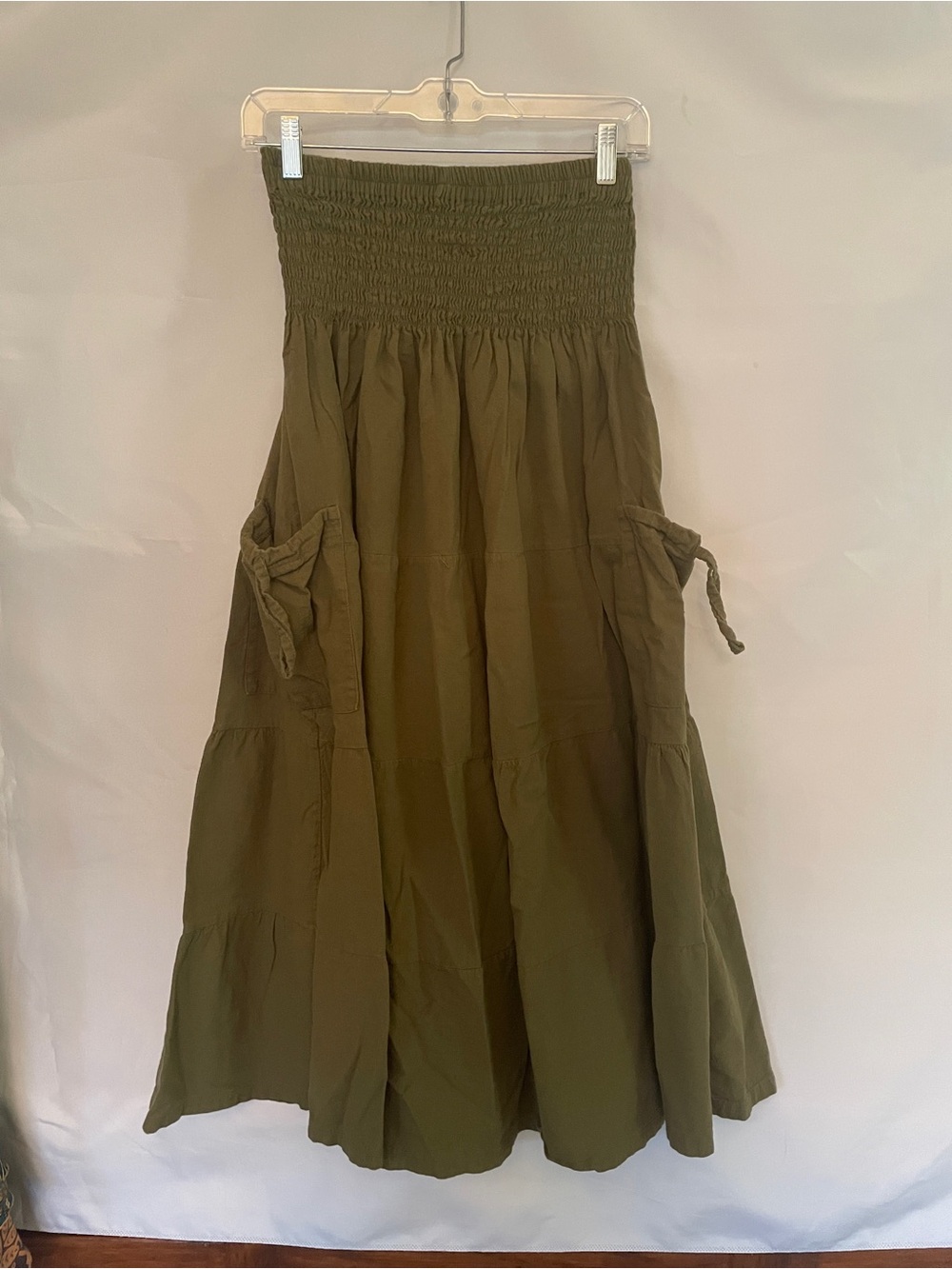 Olive Smocked Elastic Waist Maxi Skirt Pockets